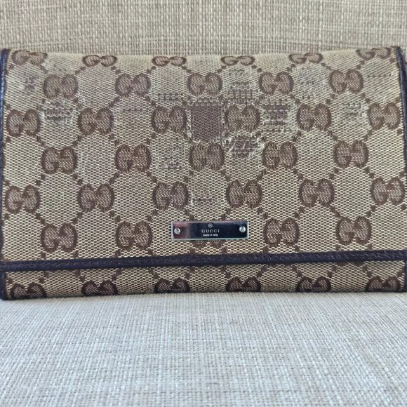 Gucci Women Wallet Purse GG Brown Canvas/Leather Clutch Card Holder Made Italy - Picture 1 of 12